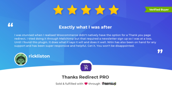 5-Star Review for Thank You Page for WooCommerce