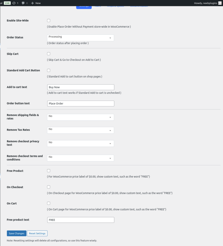 The Settings page in the Place Order Without Payment plugin allows you to configure global options for orders without payment in WooCommerce